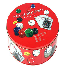 Покерный набор на 240 фишек с номиналом в круглой упаковке